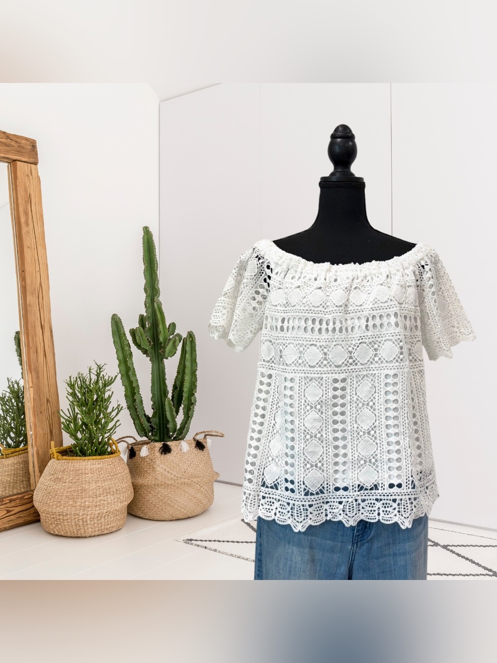 Sunday in Brooklyn Lace Overlay Off Shoulder Top